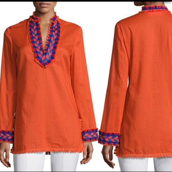 Tory Burch Samba Fringe Trim Tunic/Top Orange Blue Size 6 - Picture 1 of 8